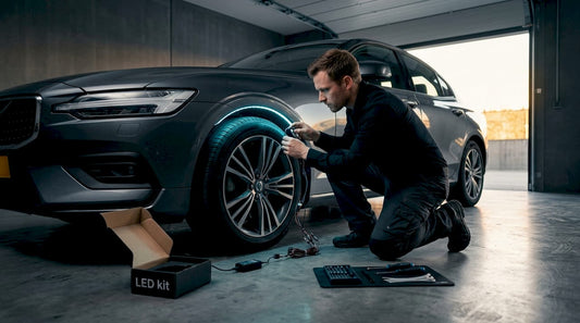 Person installing LED strip in vehicle garage