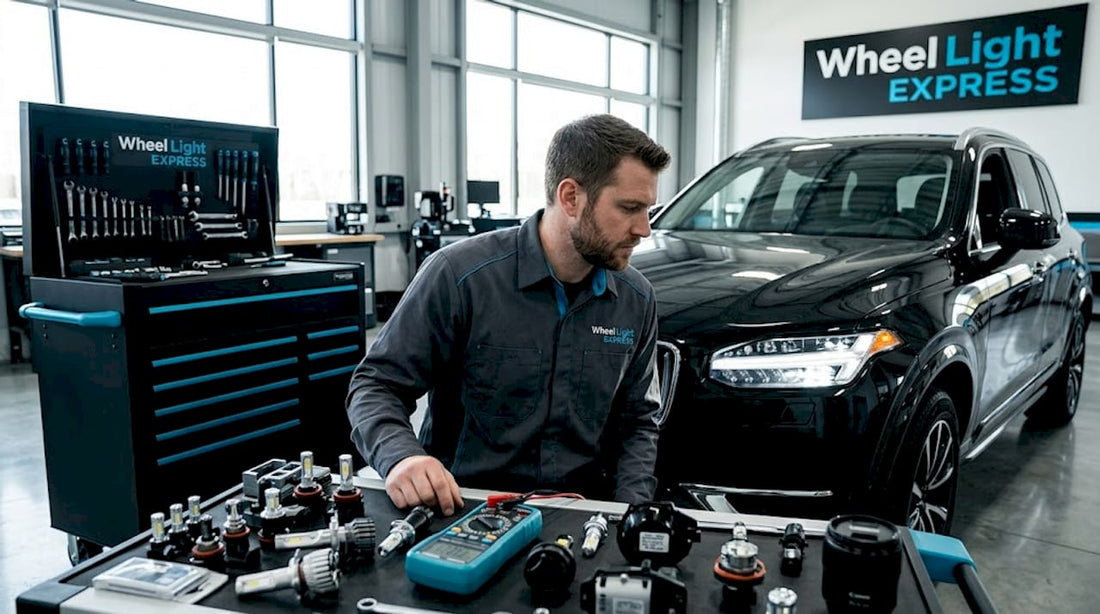 Technician inspecting suv led headlights