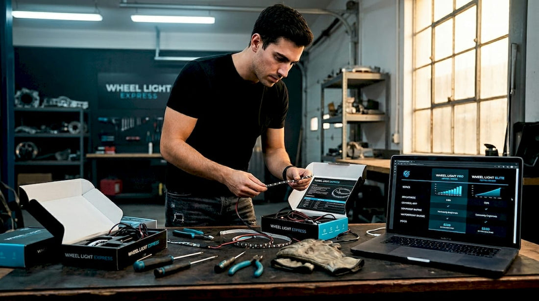 Person compares automotive LED light kits on workbench