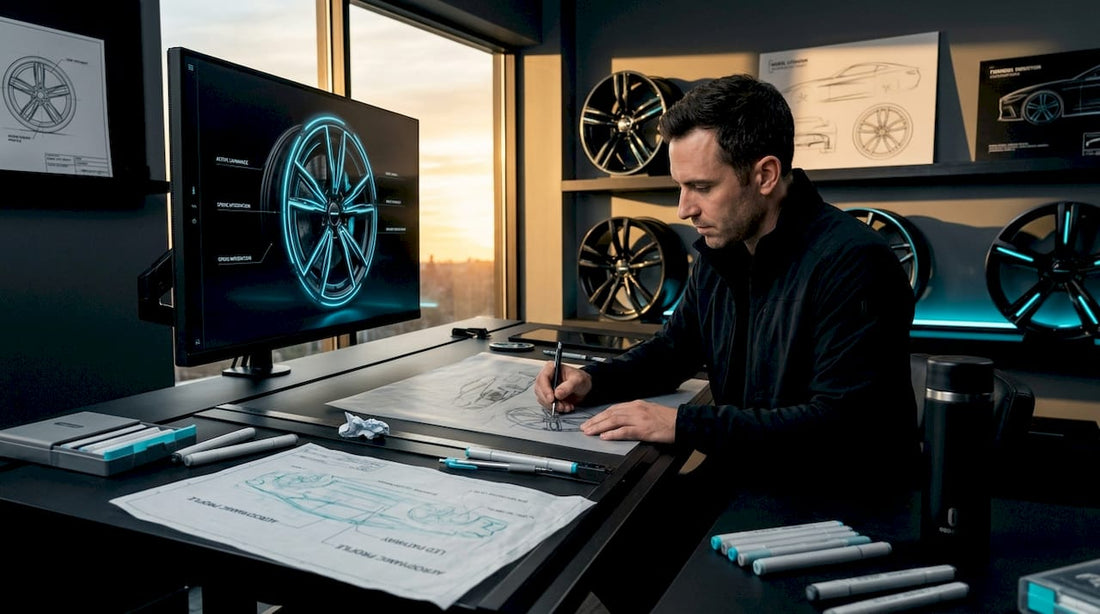 Designer sketching wheel lighting concepts in studio