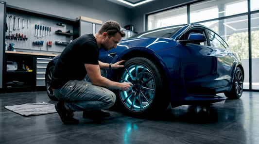 Car enthusiast checking LED wheel lights in garage
