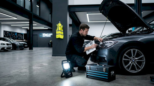 Person customizing car lighting in home garage