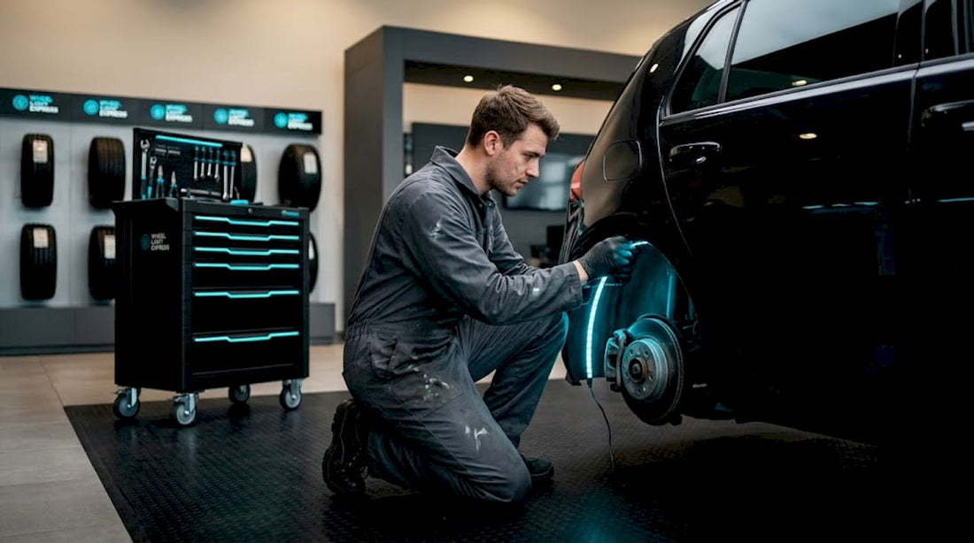 Auto technician installing LED wheel lights