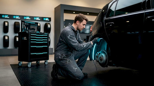 Auto technician installing LED wheel lights