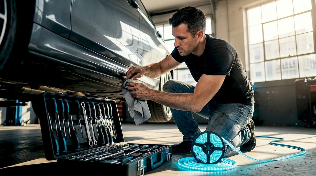 Person cleaning undercarriage before LED install