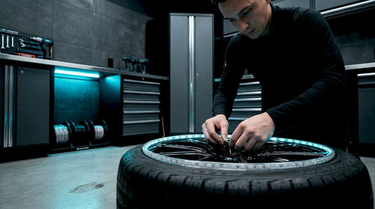 Technician installing LED wheel lights on vehicle rim