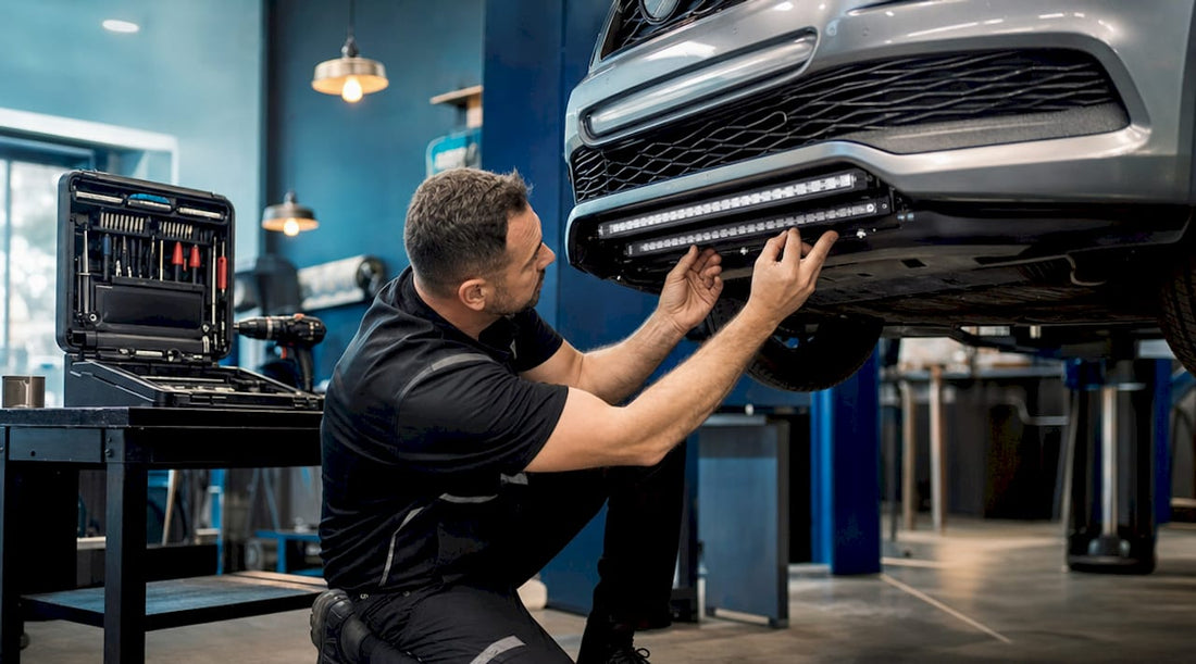 Technician installing stacked LED strips on car