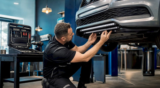 Technician installing stacked LED strips on car