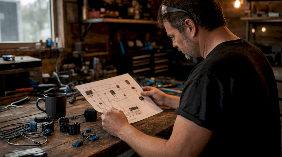 Man working with truck lighting kit components on workbench