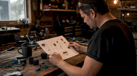 Man working with truck lighting kit components on workbench