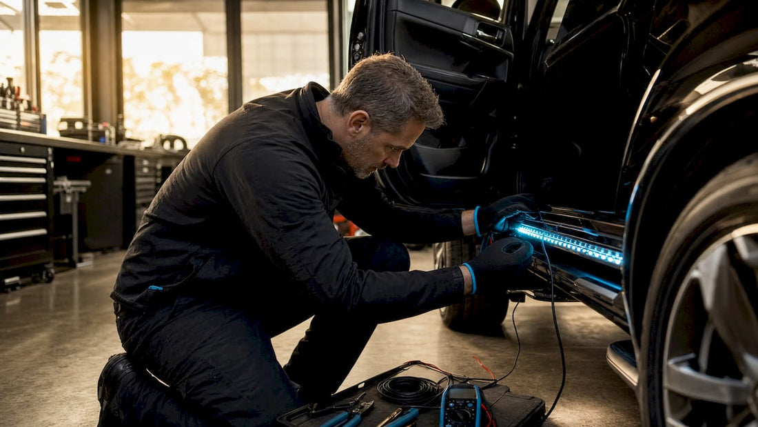 Technician installing LED strip on vehicle