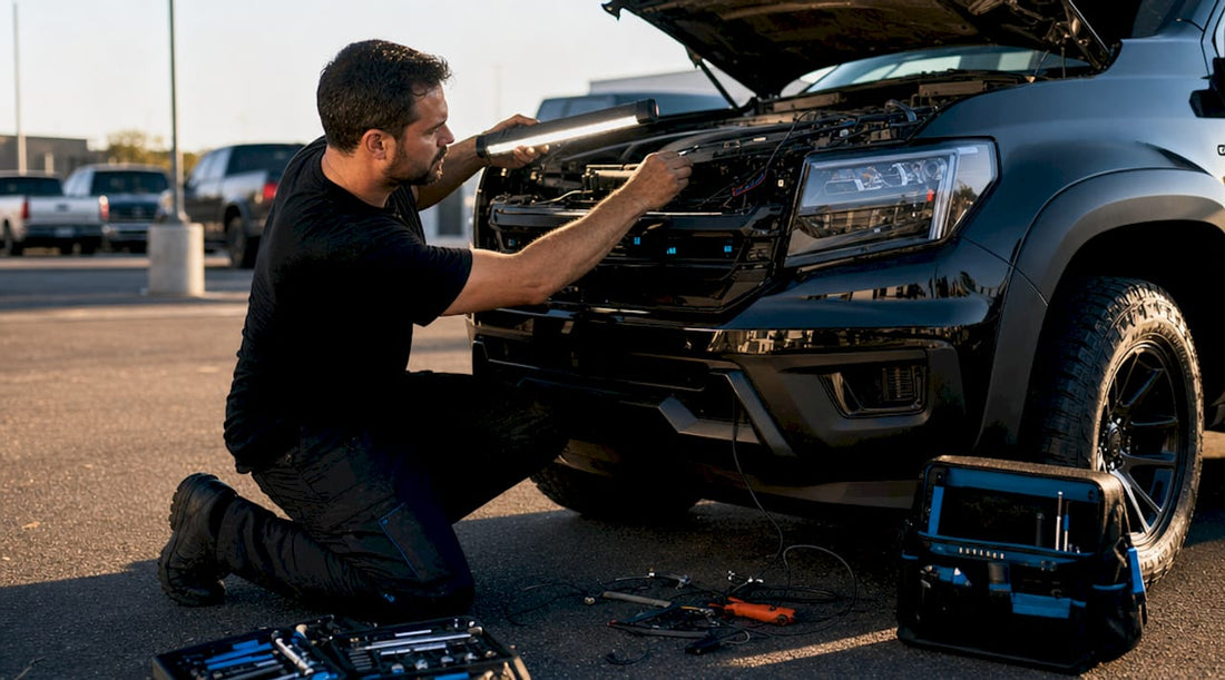 Technician installing LED strip light on vehicle engine bay