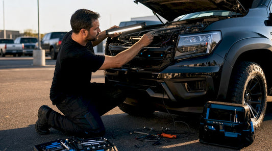 Technician installing LED strip light on vehicle engine bay
