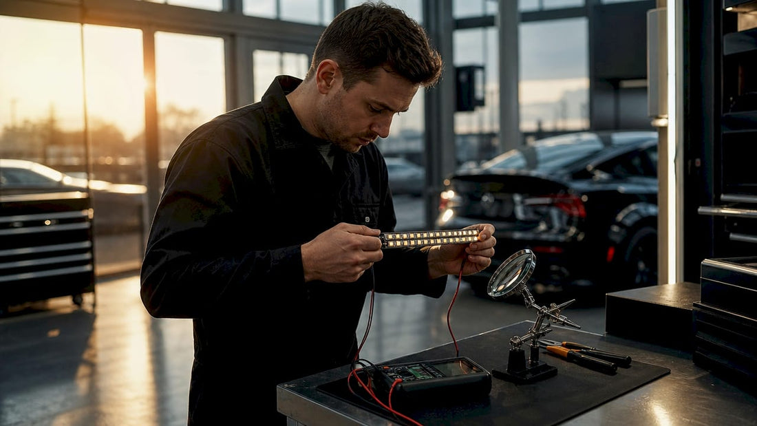 Technician inspecting double-row LED strip in workshop