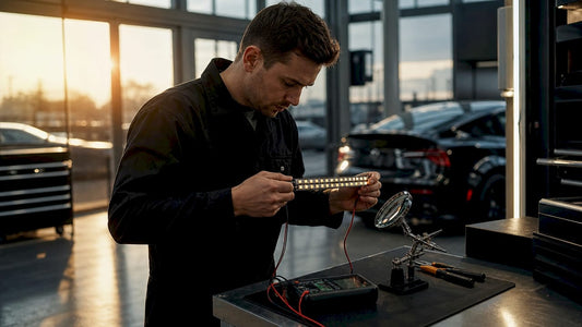 Technician inspecting double-row LED strip in workshop
