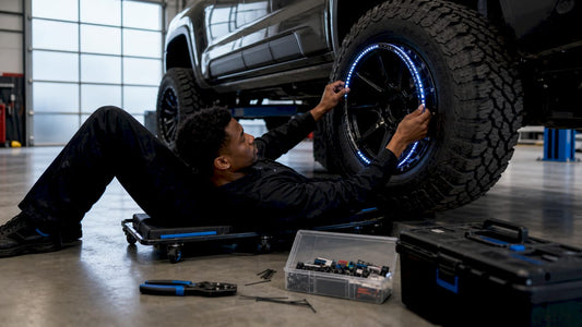 Technician installing LED spinning wheel light on truck