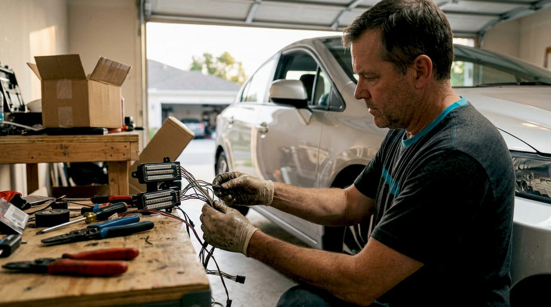 Person wiring sequential LED turn signals on car