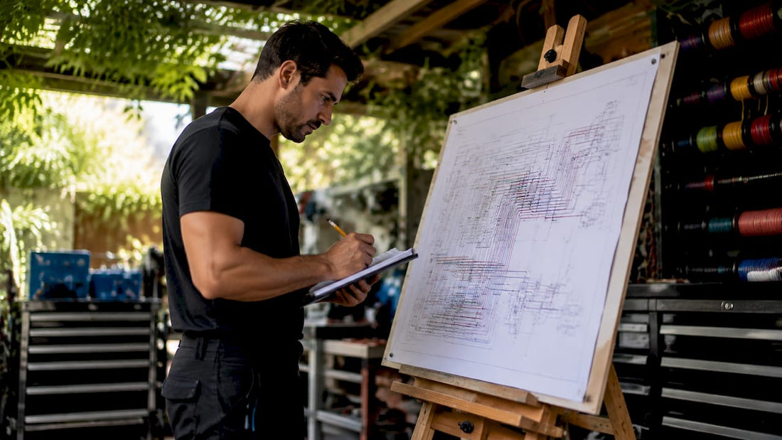 Technician reviewing automotive lighting blueprint