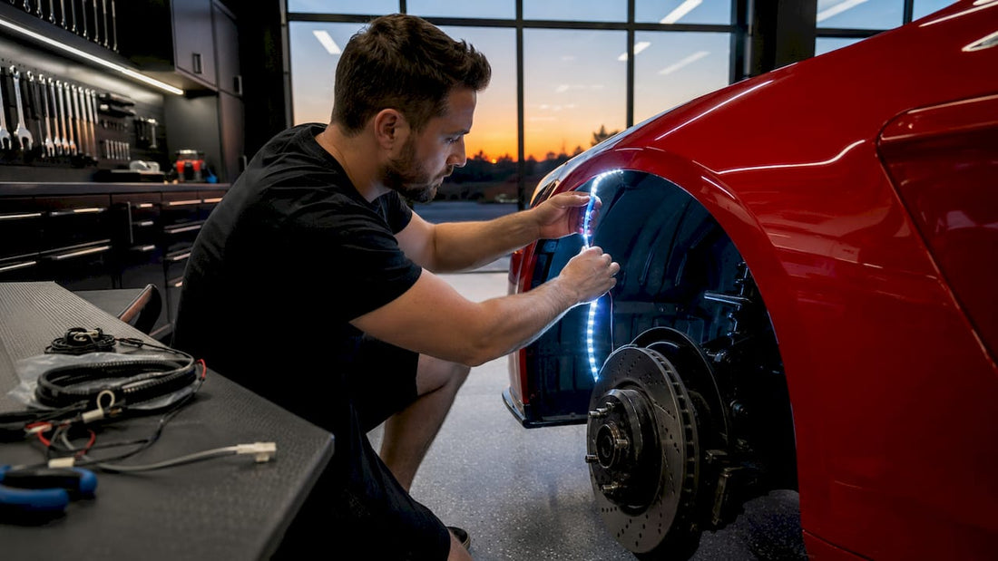 Enthusiast installing custom LED lighting on car wheel well