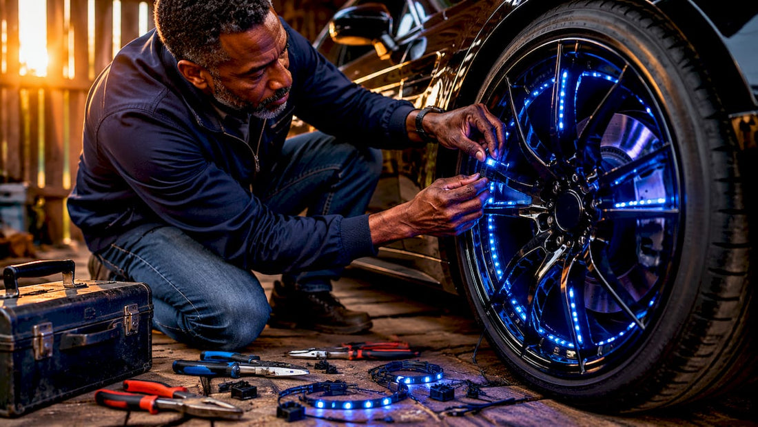 Man installing spoke lighting on car wheel
