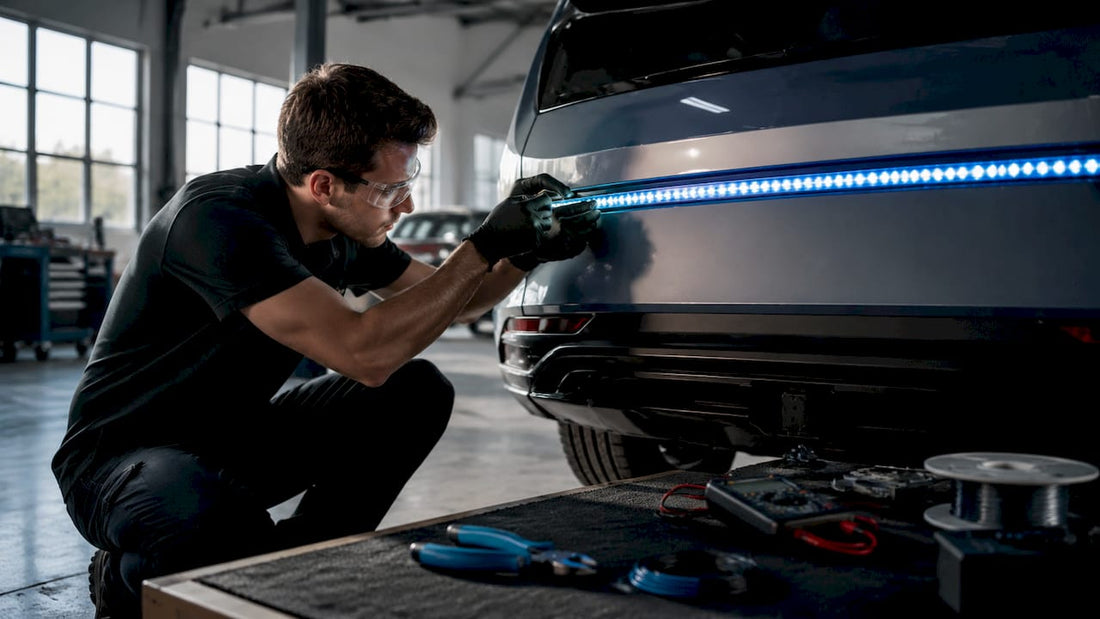 Technician installing LED strips on car