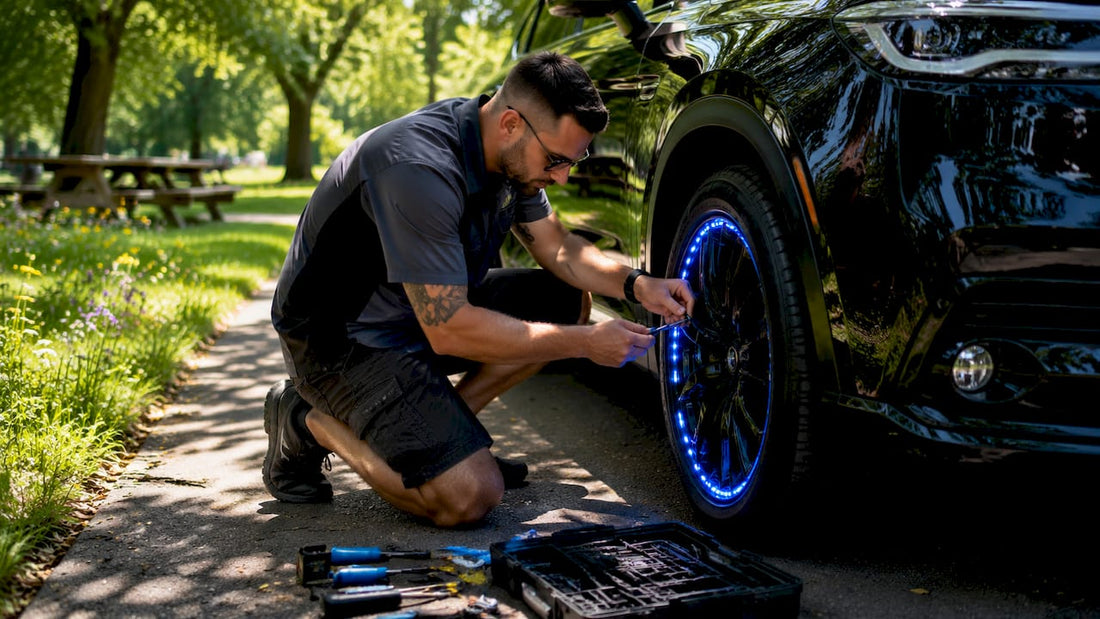 Person installing LED wheel light kit on vehicle