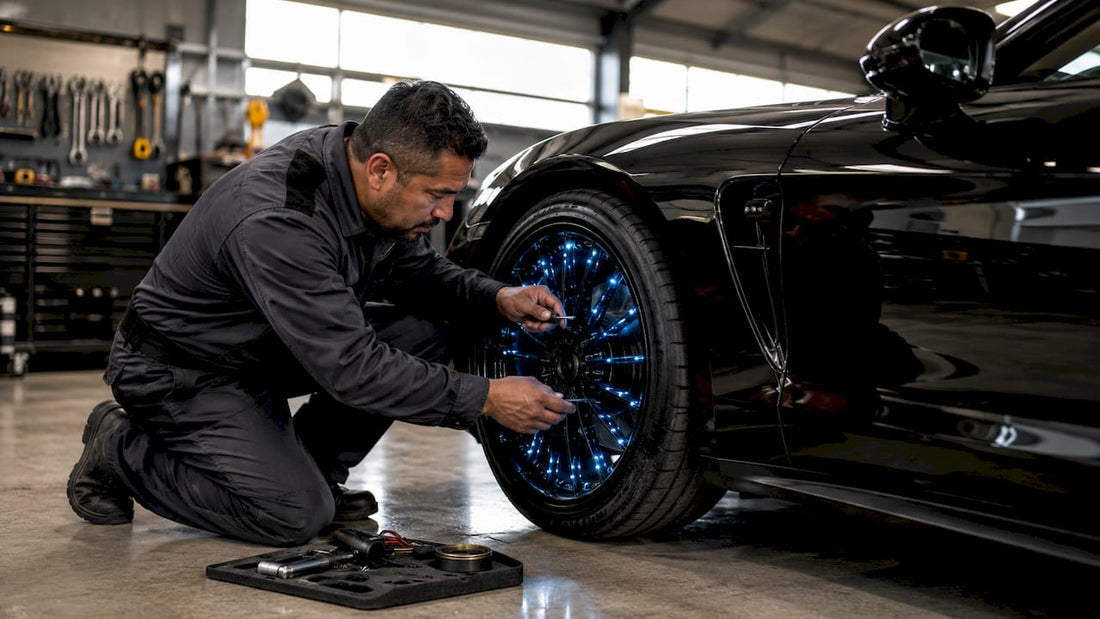 Mechanic installing wire wheel lights on car wheel