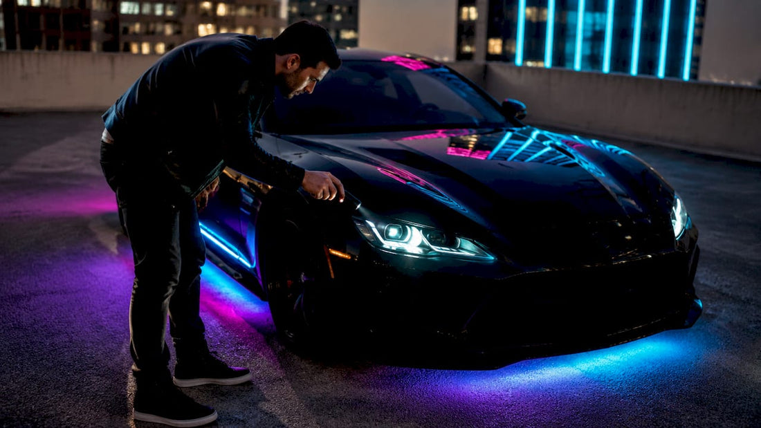 Car enthusiast examining bold automotive lighting