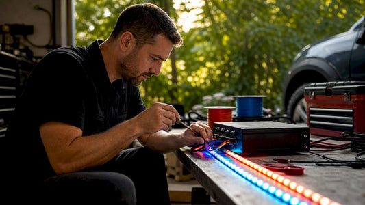 Automotive technician setting LED lighting controller inside vehicle