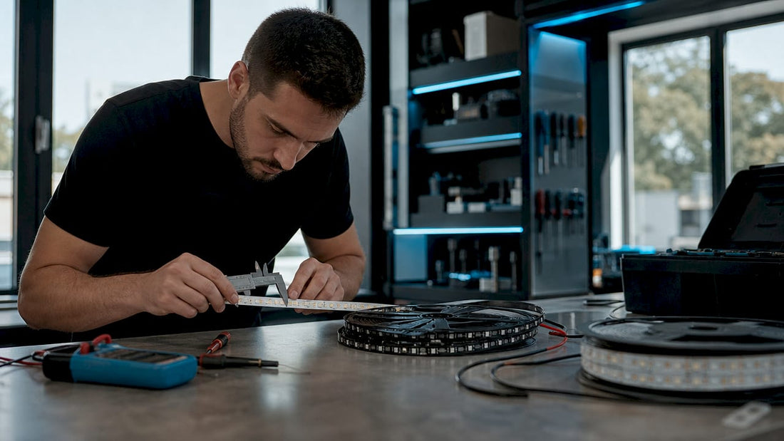Technician inspecting LED strip density in garage