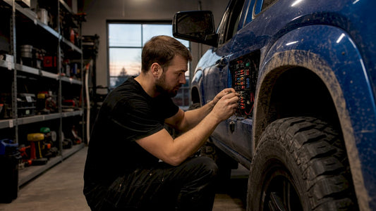 Mechanic connecting lighting kit to truck fuse box