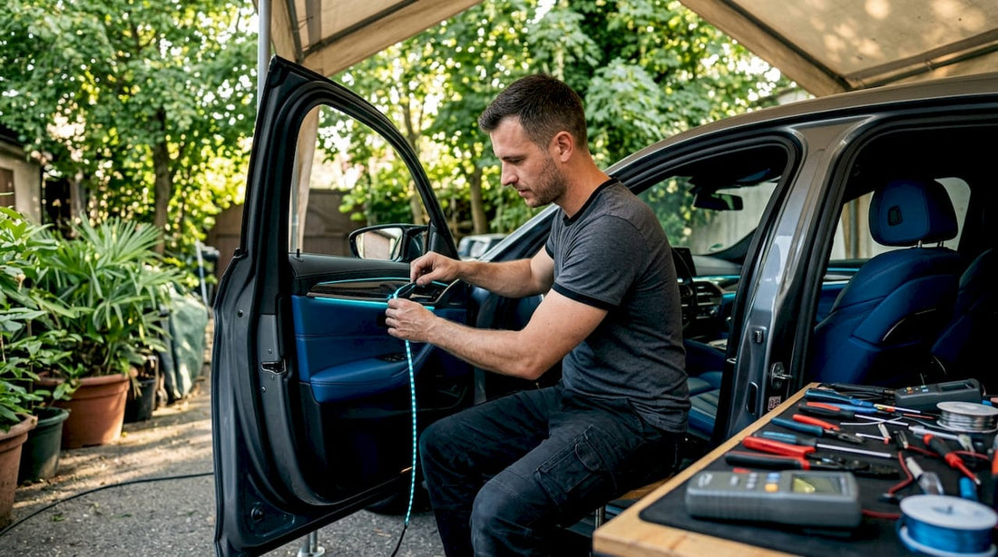 Technician adjusting LED interior lighting in car