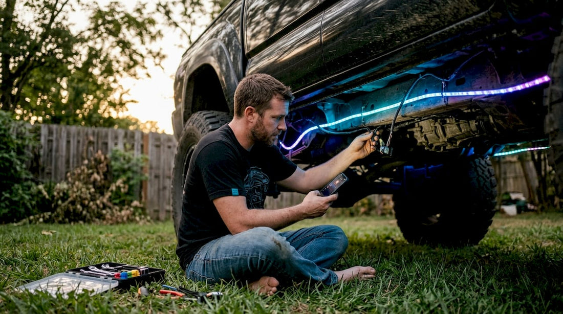 Man installing app-controlled LED lights on truck
