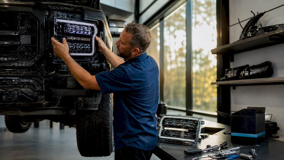 Mechanic installing LED headlights on truck