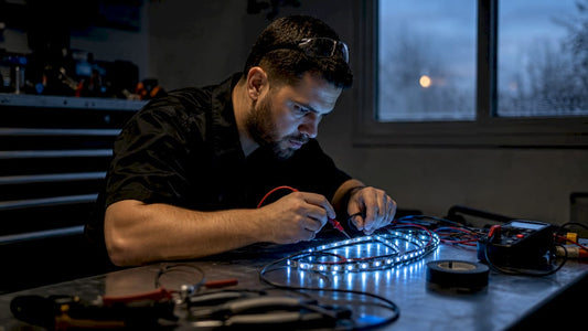 Technician testing automotive LED wheel lights on workbench