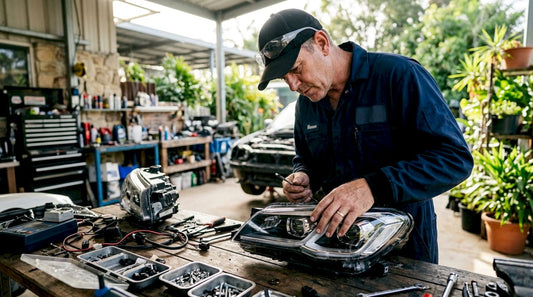 Technician inspecting automotive headlights in workshop