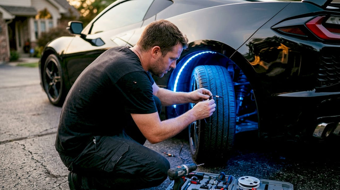 Man installing LED accent lights on car exterior