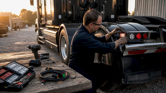 Mechanic installing full truck light kit on semi-truck