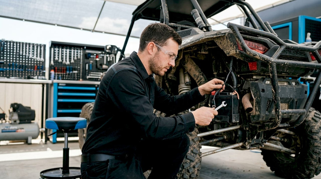 Mechanic wiring SXS battery in garage