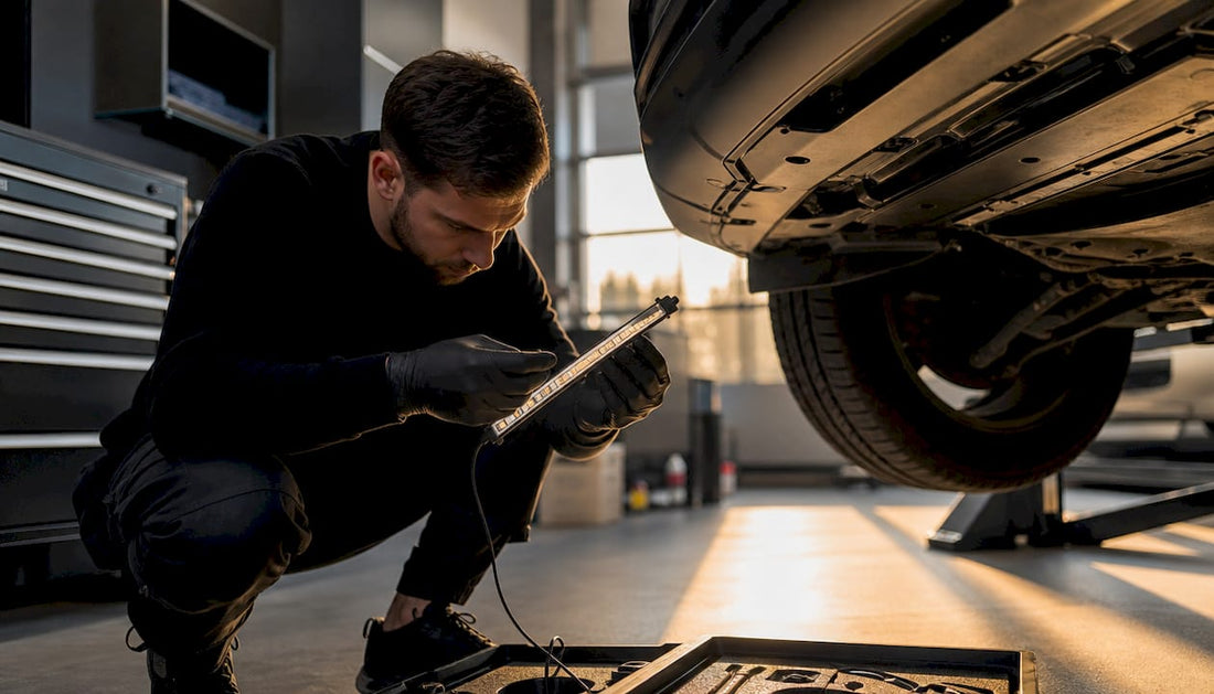 Technician preparing dust-proof LED strip for vehicle