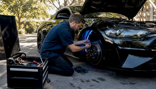 Mechanic installing LED wheel lights on car