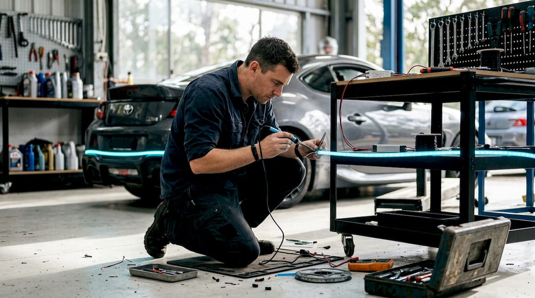 Enthusiast installing custom LED lighting on car