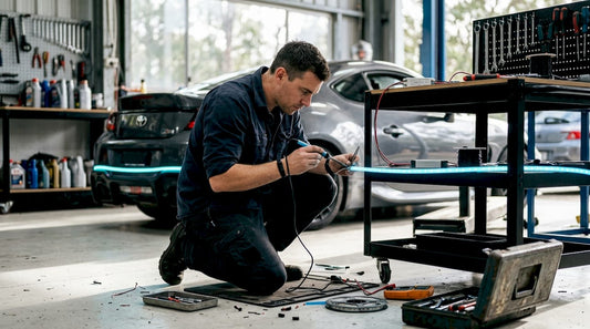 Enthusiast installing custom LED lighting on car