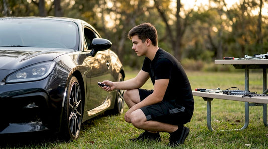 Car enthusiast adjusting synchronized wheel lights