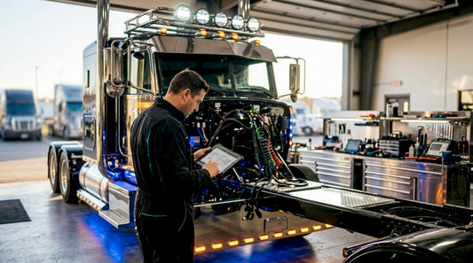 Technician inspecting lit show truck in garage