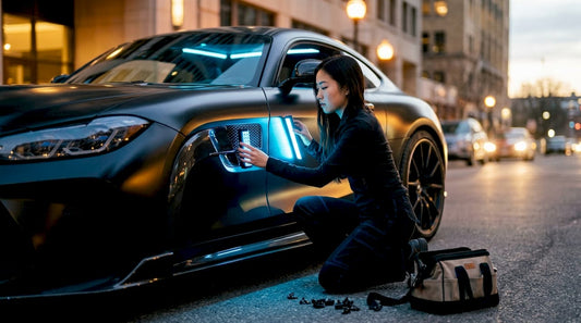 Car content creator adjusting LED lights in studio