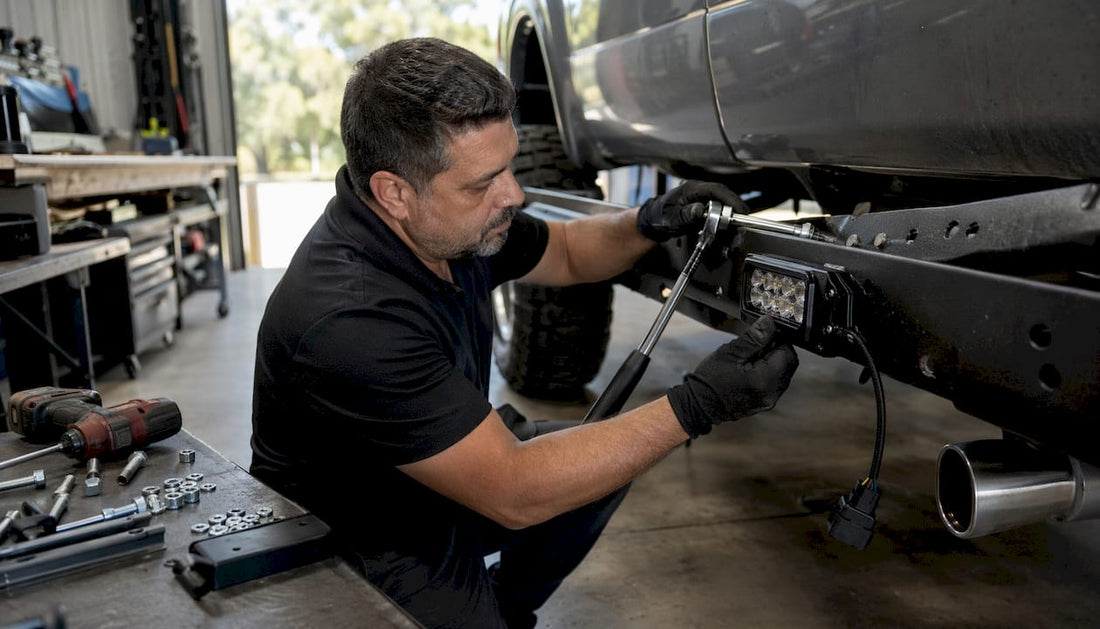 Technician installing frame-mounted LED light on truck frame
