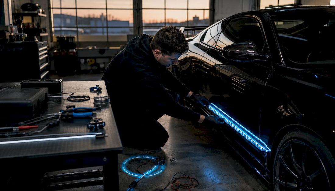 Man installing custom LED headlights on sports car