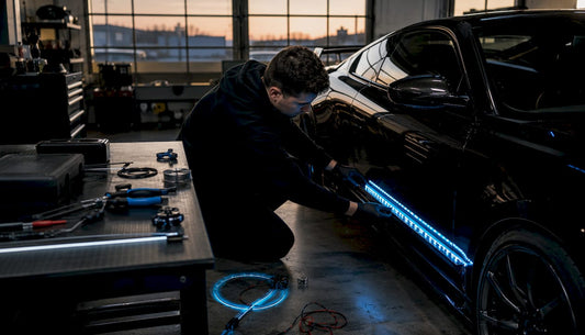 Man installing custom LED headlights on sports car