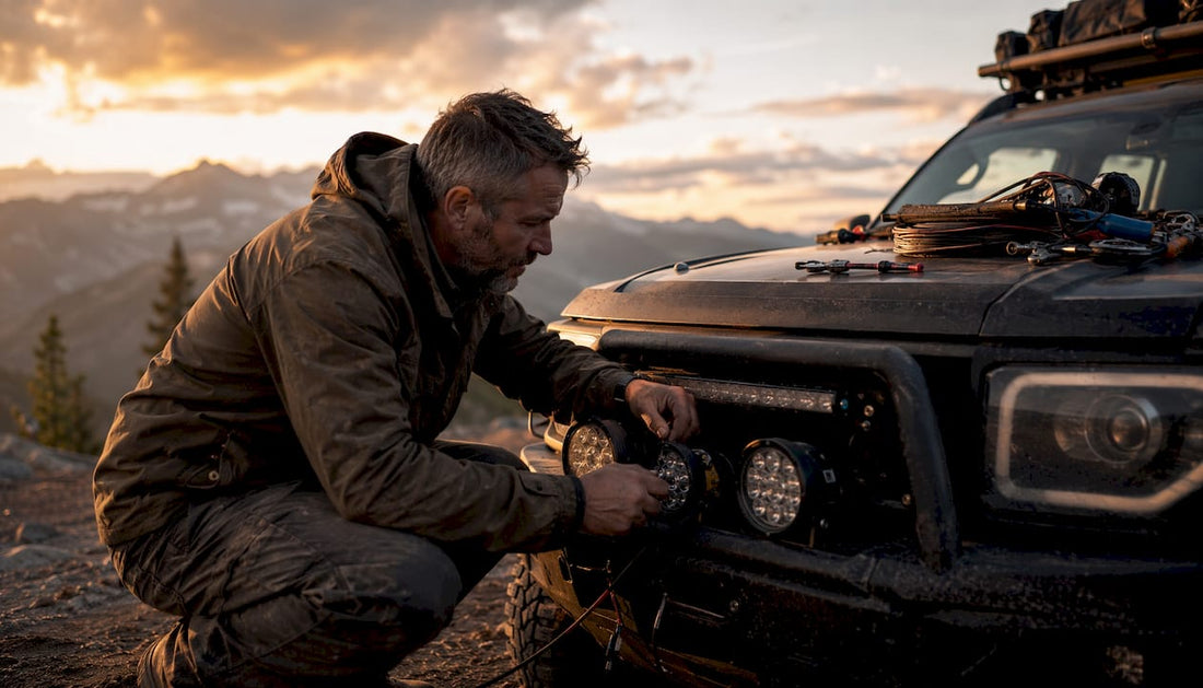 Man installing off-road vehicle lighting